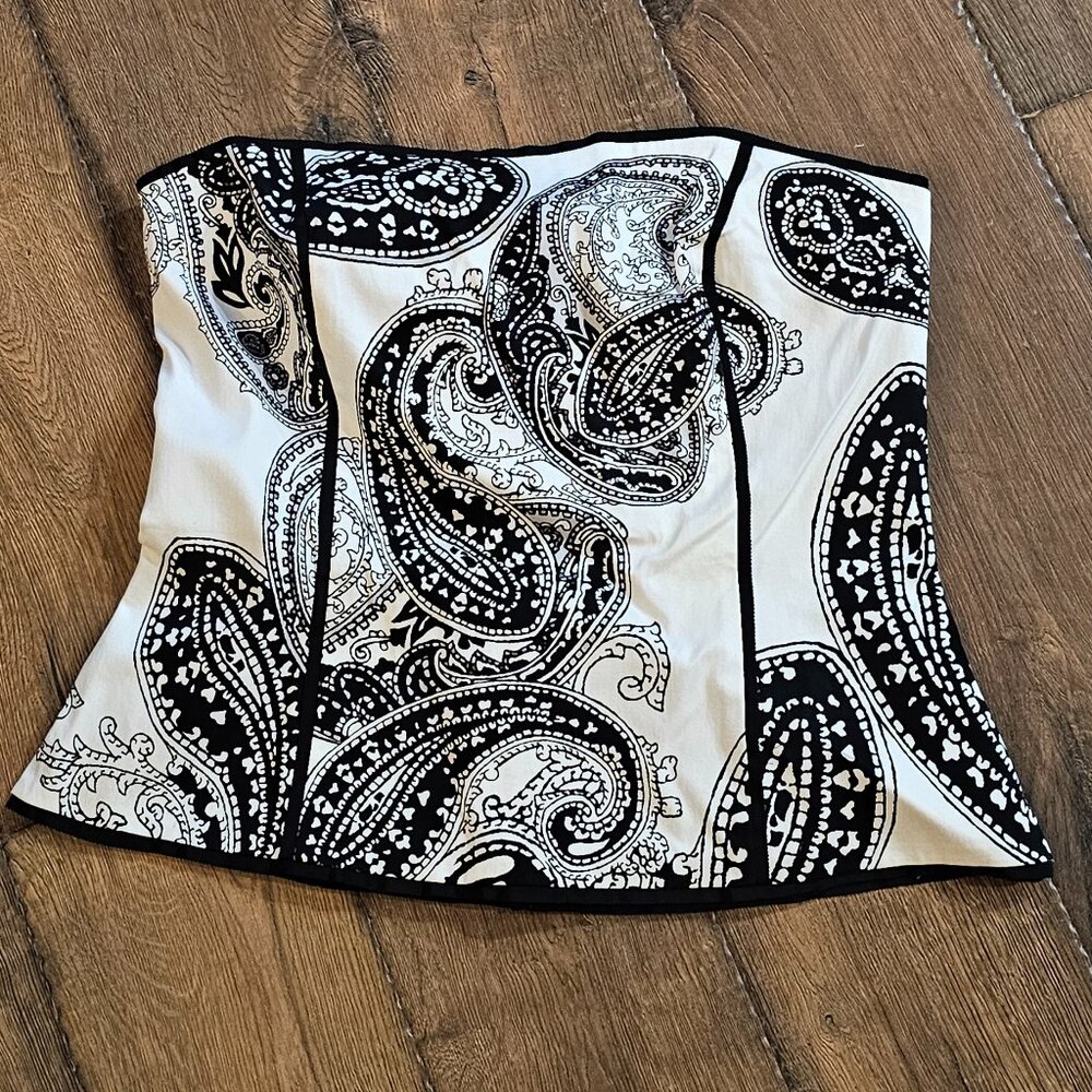 White House Black Market Black and White Paisley Strapless Corset Top